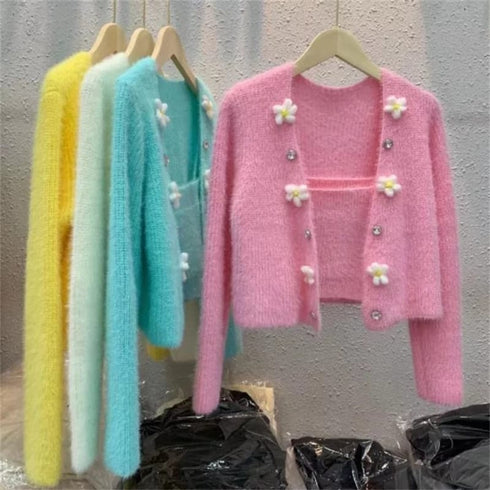 Beaded Flower Mink Fleece Two Piece Cardigan Sweater With Tank Top